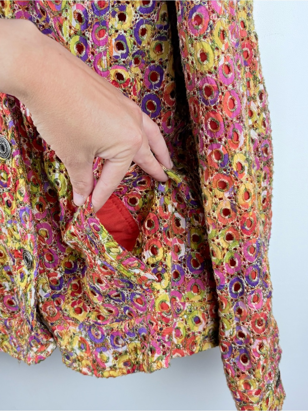 Chico’s Multicolor Eyelet Lace Shacket Jacket Lined Sz 3 XL Boho Hippie Cottage - Picture 7 of 9